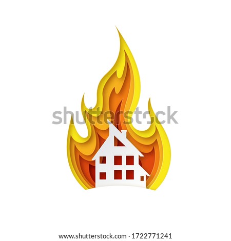 Illustration of fire in paper cut style. The house is on fire. Design for property insurance. Vector illustration Сток-фото © 