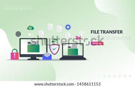 file transfer concept, sharing files between devices with folders on screen and transferred documents, Backup files, flat icon,suitable for web landing page, banner, vector template
