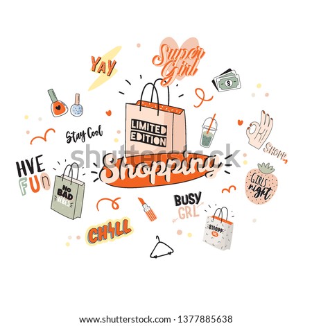 Shopping vector set. I am Busy. Girl power quote. Vector. Isolated on white background. Trendy and cute lettering. Perfect for posters, stickers, patch, embroidery, badges, pins and clothing  