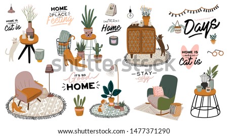 Stylish Scandic living room interior - sofa, armchair, coffee table, plants in pots, lamp, home decorations. Cozy Autumn season. Modern comfy apartment furnished in Hygge style. Vector illustration