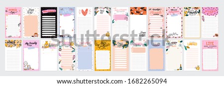 Collection of weekly or daily planner, note paper, to do list, stickers templates decorated by cute beauty cosmetic illustrations and trendy lettering. Trendy scheduler or organizer. Flat vector Foto d'archivio © 