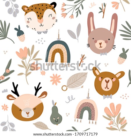 Cute kids scandinavian seamless pattern with funny animals, kids mobile toys, beanbag, leaves, flowers. Cartoon doodle  illustration for baby shower, nursery room decor, children design. Vector.