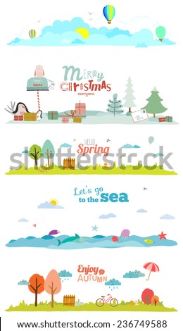 Seamless vector seasons banners in a cute and cartoon style with place for text. Summer, autumn, winter, spring. Outdoor backgrounds with nature, sky, flowers, trees, sea, garden, grass, and animals