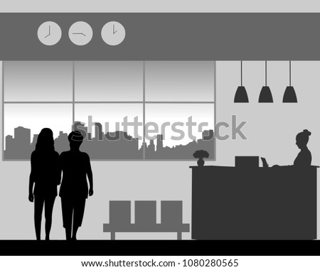 Mother and daughter walk in the lobby of the hotel, one in the series of similar images silhouette