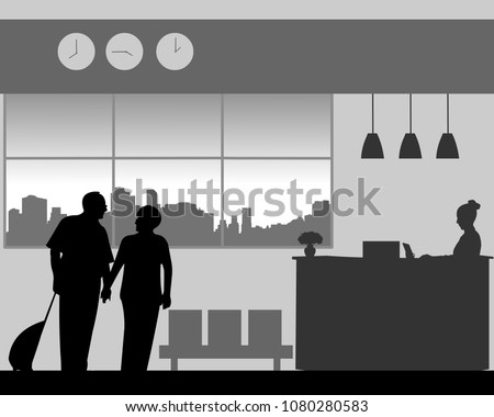 Lovely elderly couple walk in the lobby of the hotel, one in the series of similar images silhouette