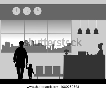 Grandmother with a grandchild walk in the lobby of the hotel, one in the series of similar images silhouette