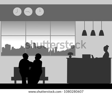 Lovely elderly couple walk in the lobby of the hotel, one in the series of similar images silhouette