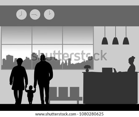 Grandfather with a grandchild walk in the lobby of the hotel, one in the series of similar images silhouette