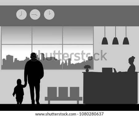 Grandfather with a grandchild walk in the lobby of the hotel, one in the series of similar images silhouette