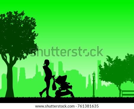 Pregnant woman walking with baby in stroller in park, one in the series of similar images silhouette