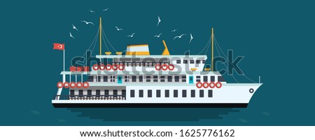 Istanbul Passenger Ferry boat ship in a flat style isolated on the dark blue background. Colorful vector illustration of traditional Turkish steamboat with seagulls.