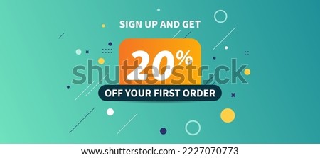 Sign up discount banner, first order, geometric background, 20 percent