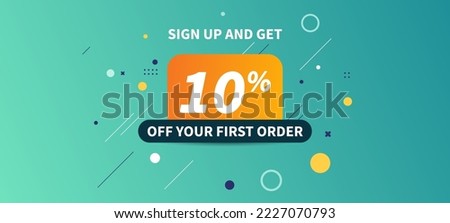 Sign up discount banner, first order, geometric background, 10 percent