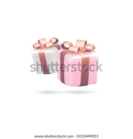 Two 3D gifts, one in pink, the other is white. Isolated on a white background. Shiny ribbon, soft rounded 3D shapes.