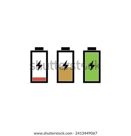 Three battery charging icons one for low battery, mid battery and full battery, red orange and green colors representing the different charge levels