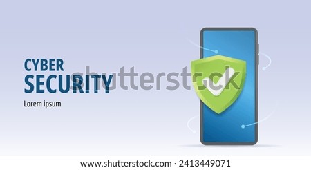 Cyber security concept banner with phone and green shield. The shield has a white check mark. Background of blue gray gradient.