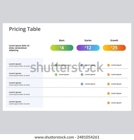 Modern pricing table design with three colorful subscription plans. Flat infographic design template for website or presentation. Price gradient.