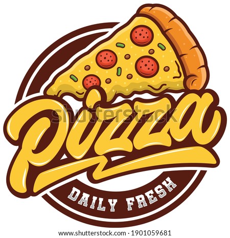 Pizza Daily Fresh Vector Emblem on blackboard. Pizza logo template. Vector emblem for cafe, restaurant or food delivery service.