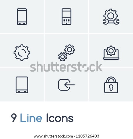 Gadget icon set and log in with old phone, lock, android phone. Telephone related gadget icon vector for web UI logo design.