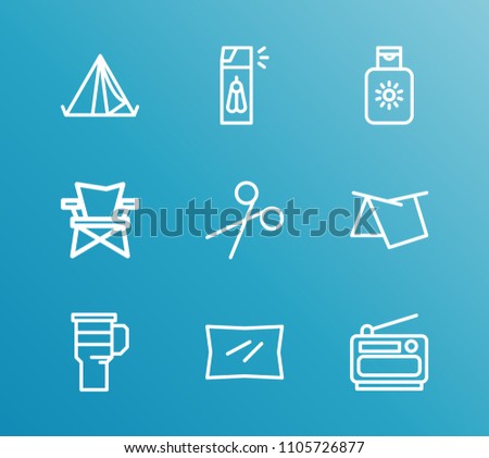 Travel icon set and gadgets with tarp, pillow and tent. Radio related travel icon vector for web UI logo design.