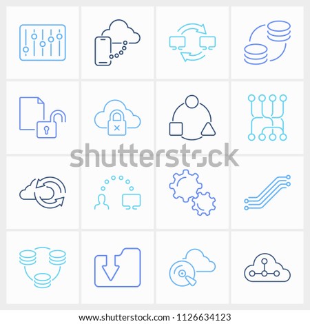 Computing icon set and routing with data transfer, data infrastructure and file access. Connection related computing icon vector for web UI logo design.