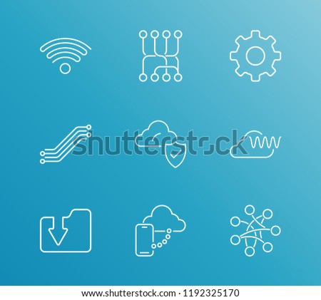 Computing icon set and wireless connection with mobile sync with cloud, download folder and routing. Navigation related computing icon vector for web UI logo design.