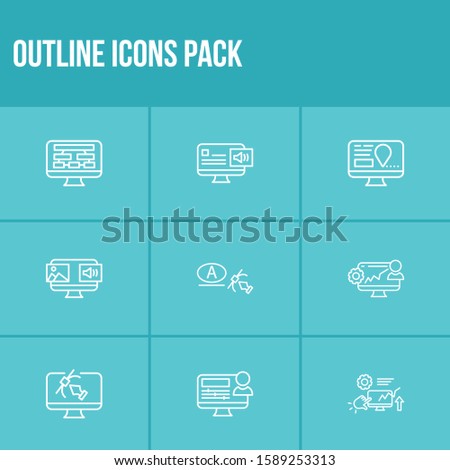 Web design icon set and website navigation with website developing, logo design and content structure. Drawing related web design icon vector for web UI logo design.