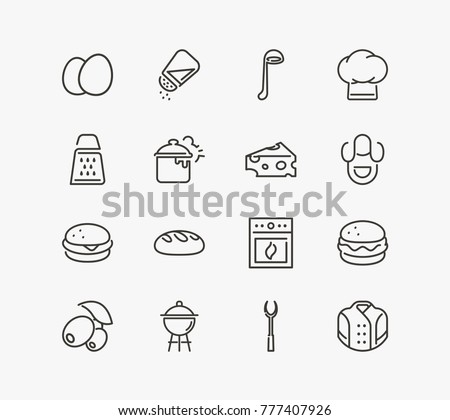 Kitchen icon set with bread, eggs and salt shaker. Set of bakery related kitchen icon set line vector items for web mobile logo design.