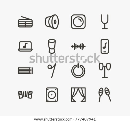 Music icon line set with drums, tuning fork and djembe. Set of click related music icon line vector items for web mobile logo design.