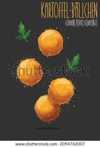 Kartoffelbällchen - German potato dumplings. Potato croquettes - mashed potatoes balls breaded and deep fried. Vector illustration