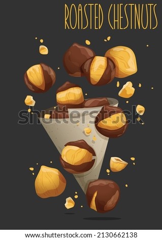 Grilled sweet whole chestnuts in a paper bag. Vector illustration
