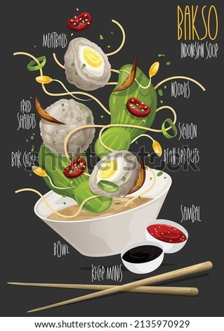 Bakso, Indonesian Famous Meatballs served with noodles. Vector illustraton Foto stock © 