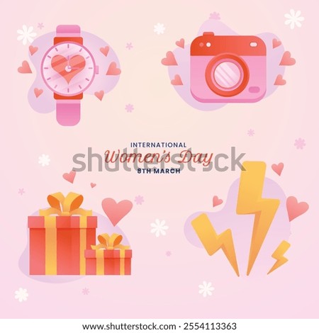 Pink hearts gifts watch camera lightning bolts celebrate Women's Day March 8. Suitable for Women's Day designs and celebrations. Perfect for social media, greeting cards, and event promotions.
