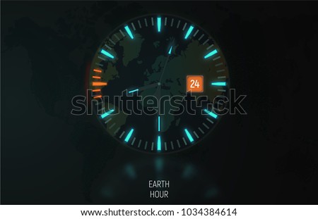 Vector card, banner. The clock in the dark glows due to luminescent backlight. Orange color indicates the time of the Earth hour.