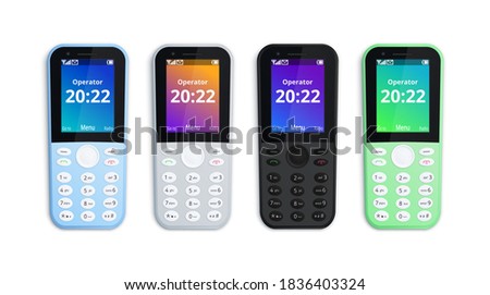 Mobile Phone with buttons isolated on white background. Brand new blue, grey, black and green featurefones. Vector illustration.