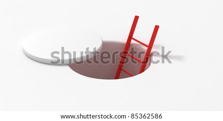 Red stairs into a hole with hatch