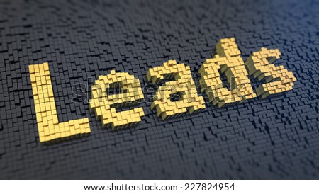 Word 'Leads' of the yellow square pixels on a black matrix background. Affiliate marketing concept.