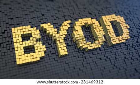 Acronym \'BYOD\' of the yellow square pixels on a black matrix background