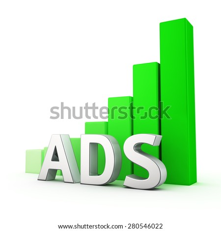 Growing green bar graph of Ads on white. Advertising growth concept.