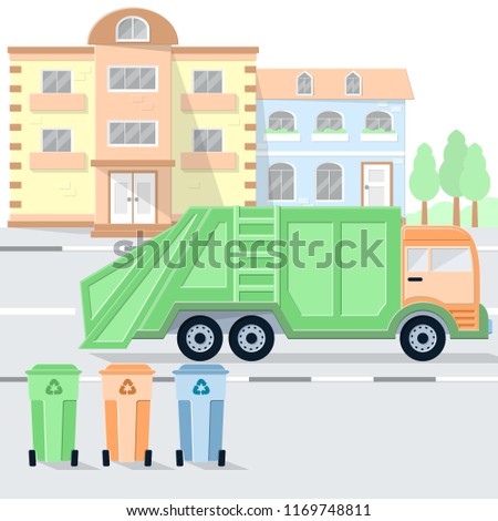Vehicle garbage truck and dumpsters on a city street. Residential waste collection and transportation. Flat style vector illustration. Eps10