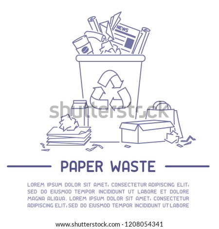 Waste paper information booklet. Line style vector illustration. There is place for your text