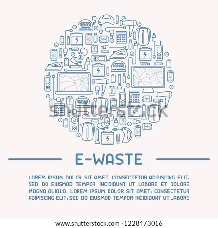 E-waste ready template with old appliances and inscription. E-waste icons set. Line style vector illustration. There is place for your text