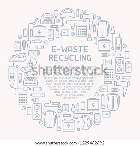 E-waste ready concept with old appliances and inscription. E-waste icons set. Line style vector illustration. There is place for your text