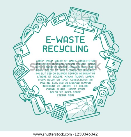 E-waste ready template with old appliances and inscription. Line style vector illustration. There is place for your text