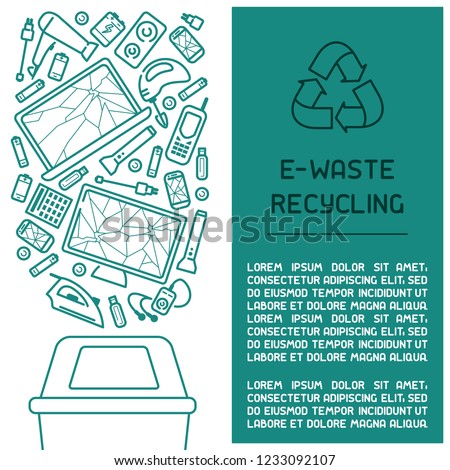 E-waste ready booklet concept with old appliances and inscription. Line style vector illustration. There is place for your text