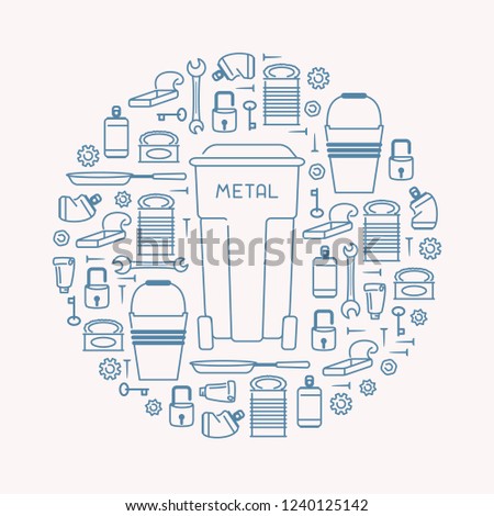 Banner with metal trash and dumpster. Line style vector illustration