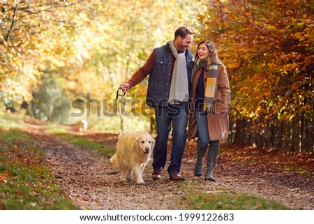 Couple Take Pet Golden Retriever Dog For Walk On Track In Autumn Countryside Holding Hands