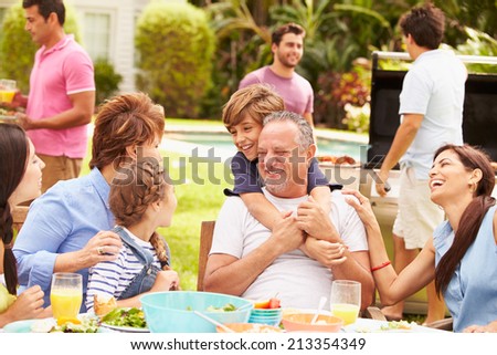 Similar – Image, Stock Photo A happy garden party with floating chair
