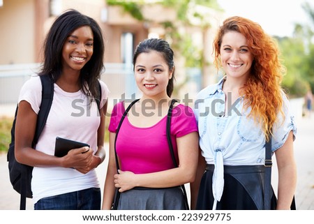 Three Female University Student Outdoors On Campus