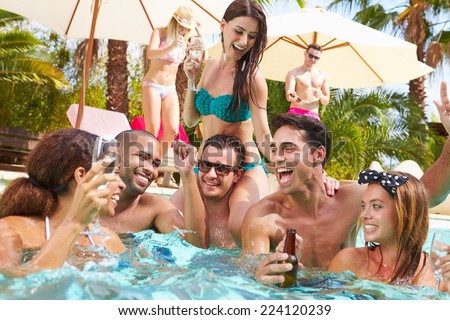 free photos group of friends having party in pool drinking champagne